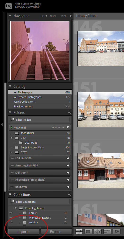 Lightroom Classic import fotografii do programu.