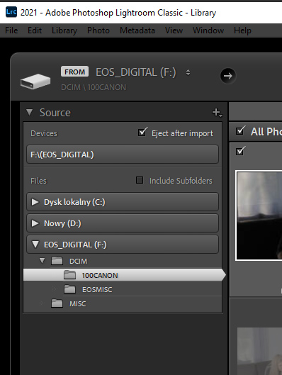 Source - źródło wyboru zdjęć do importu w Lightroom