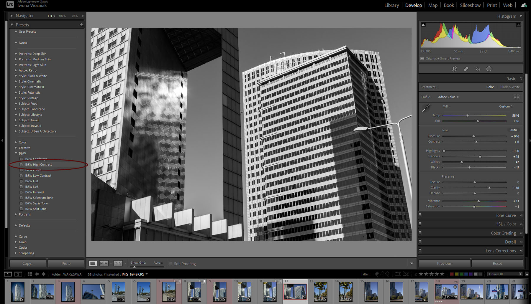 Lightroom classic interfejs modułu Develop