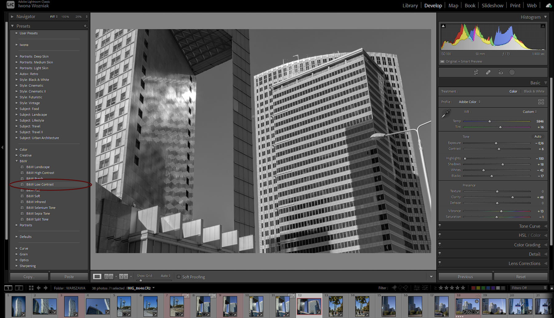 Lightroom classic interfejs modułu Develop