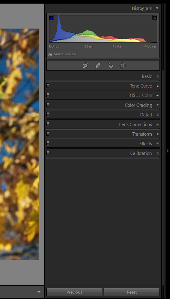 Narzędzia panelu develope w lightroom classic. Histogram