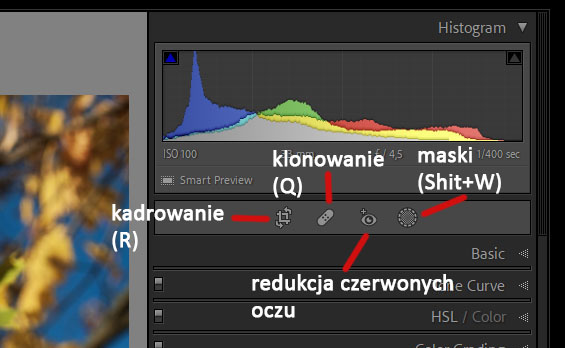 Narzędzia panelu develope w lightroom classic.