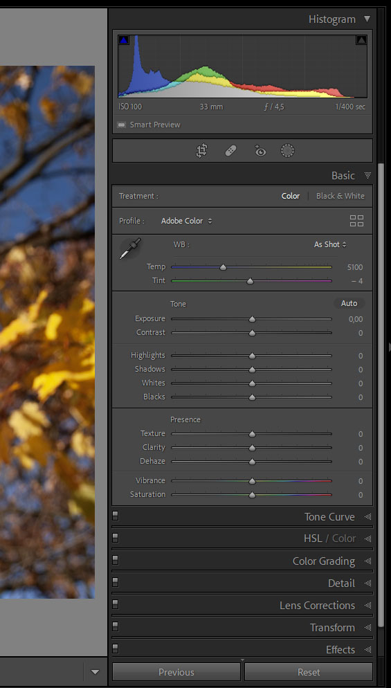 Narzędzia panelu develope w lightroom classic.