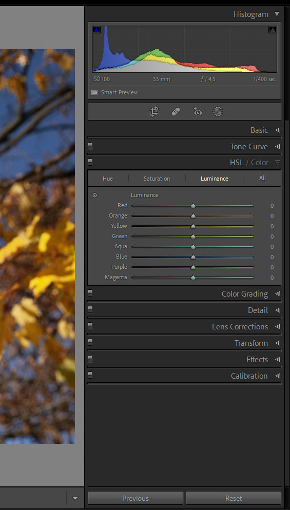 HSL/Color Narzędzia panelu develope w lightroom classic.