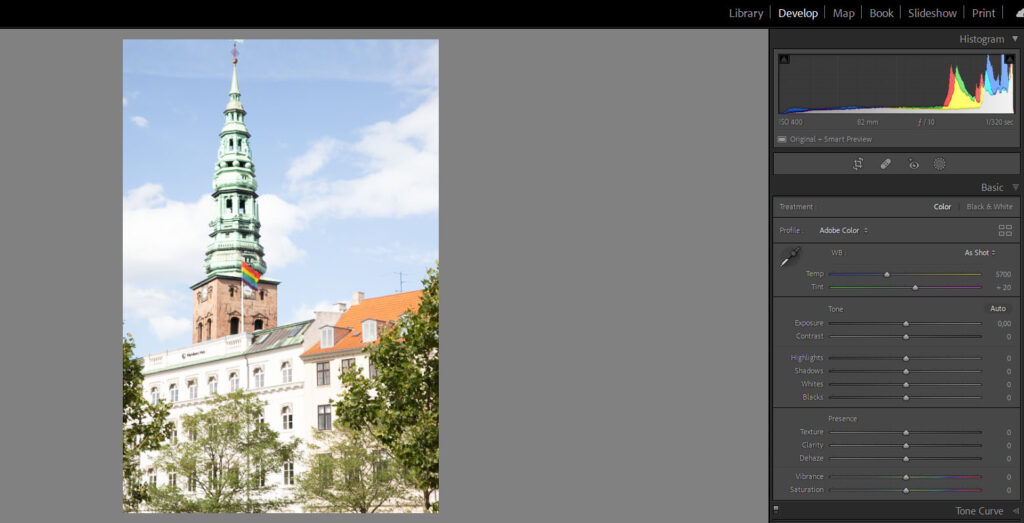 Histogram w Lightroom Classic.
