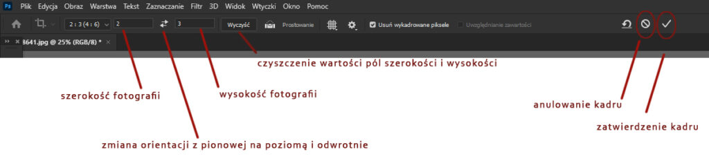 Pasek opcji narzędzia kadrowanie w photoshop