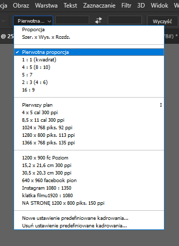 Pasek opcji narzędzia kadrowanie w photoshop